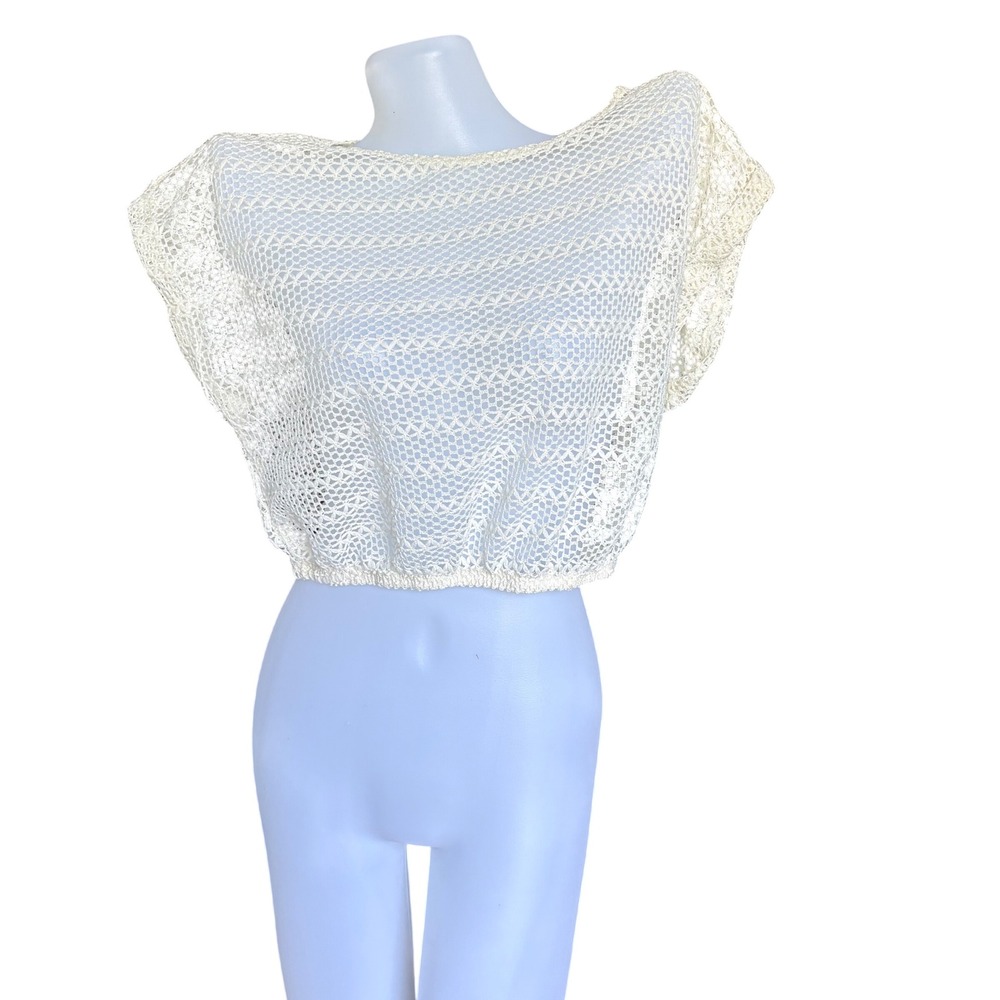 ♾️Boho Cream Crochet Crop Top Open Stitch Mesh Bikini Coverup Blouse♾️